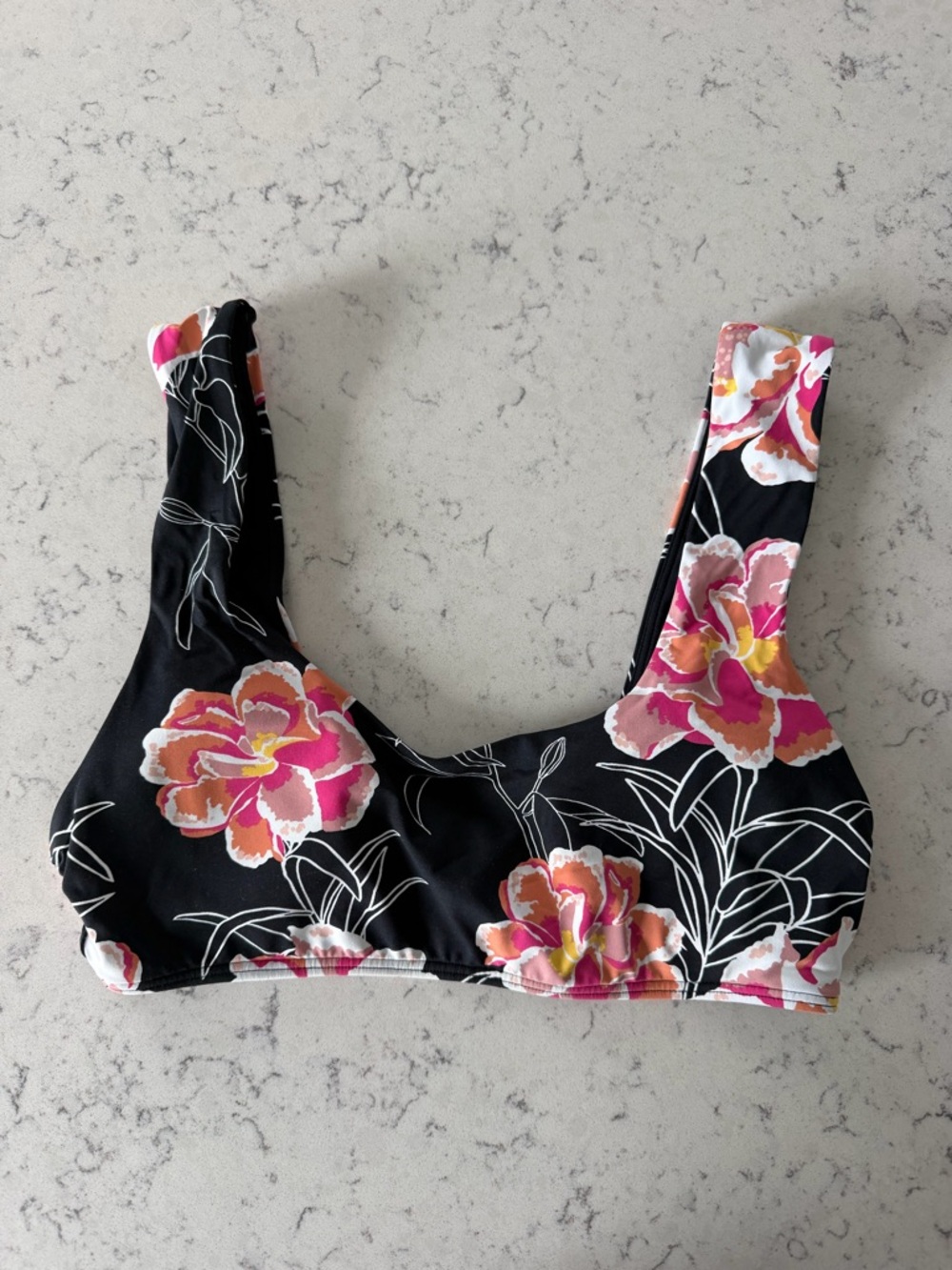 Roxy Floral Black Bikini Top with Pink & Orange Blooms